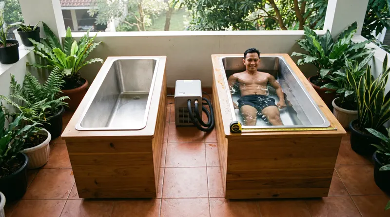 Dua tub ice bath kayu berbeda ukuran dengan liner stainless dan chiller di teras rumah Depok