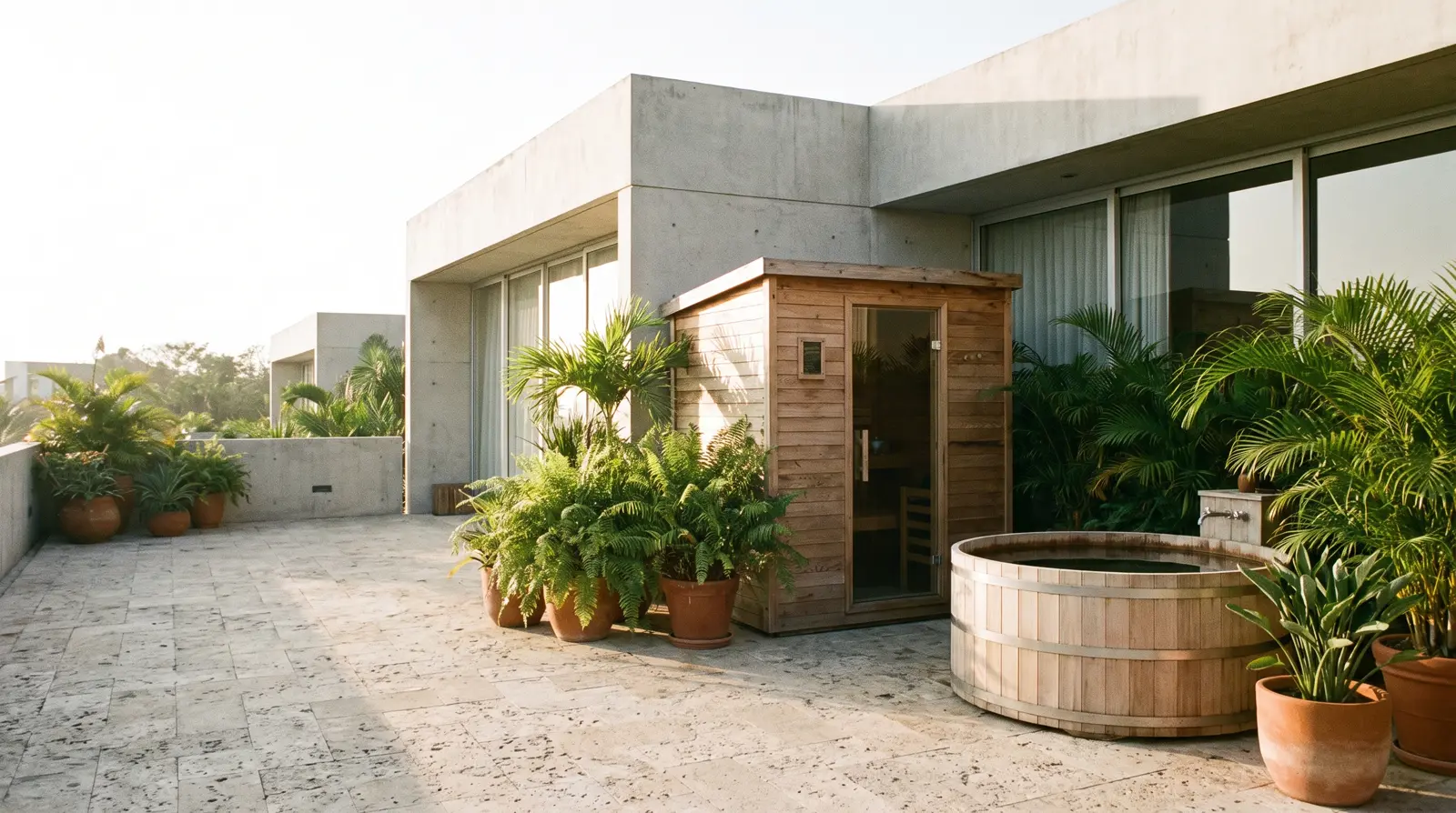 Sauna kayu cedar dan tub ice bath bersebelahan di rumah Depok