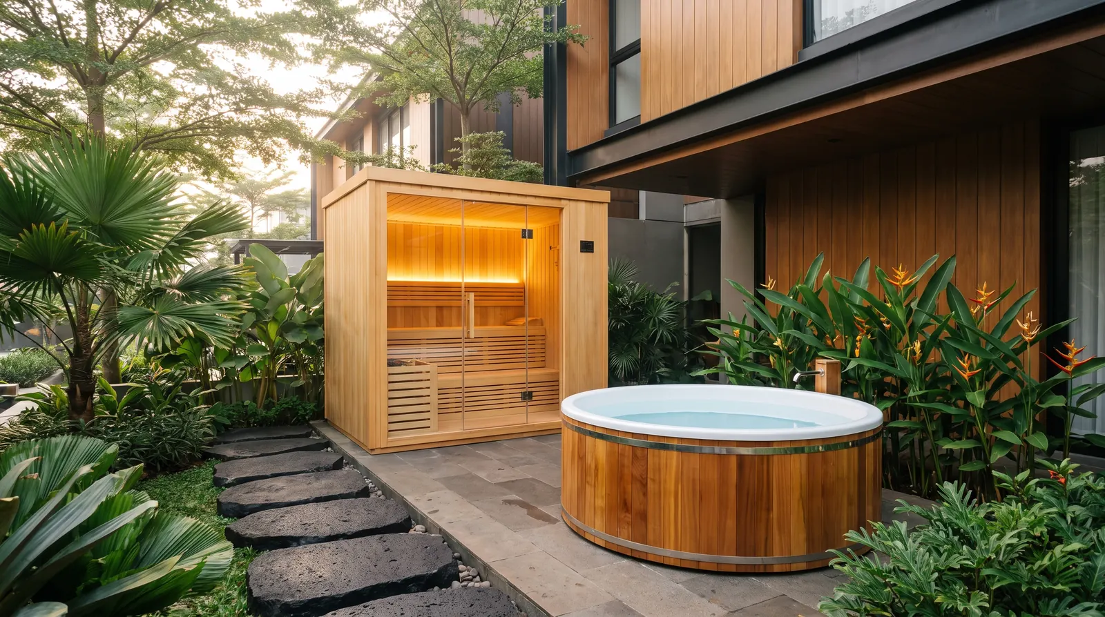 Kabin sauna kaca dan cold plunge di teras rumah Depok