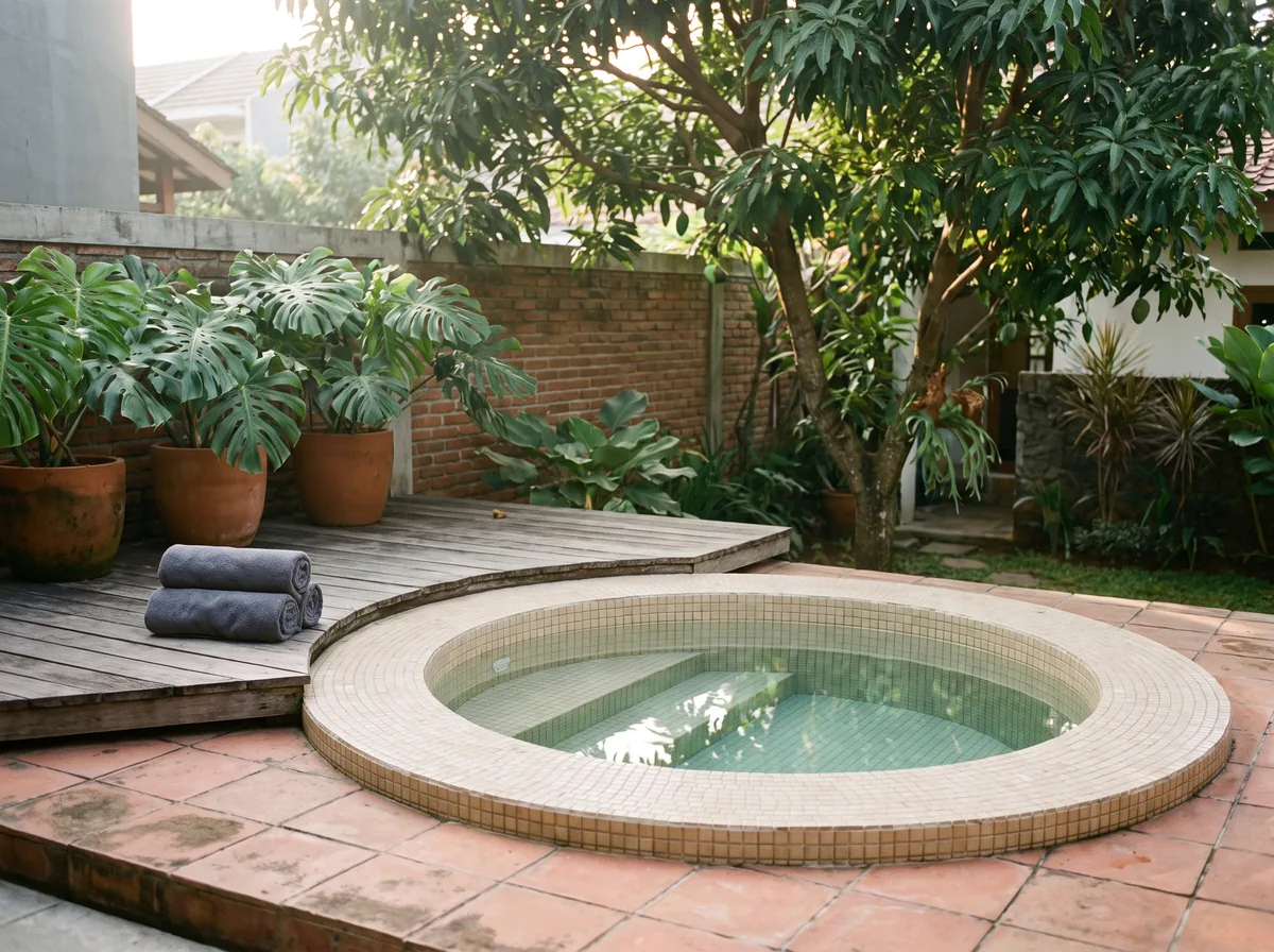 Kolam cold plunge bulat mosaik beige di halaman rumah Depok