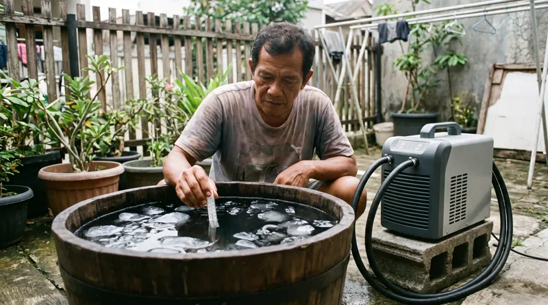 Chiller cold plunge di Depok — pemilik menikmati sesi pertama