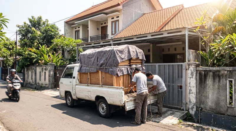 Pickup dengan muatan panel sauna terbungkus di depan gerbang rumah