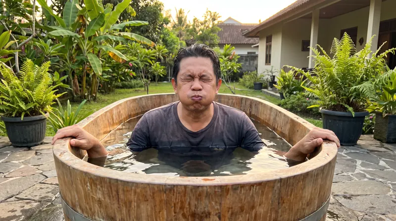 Pria menahan napas saat berendam di bak dingin halaman rumah