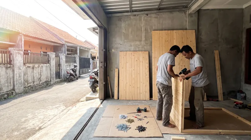 Dua pria merakit kit sauna prefab di garasi townhouse
