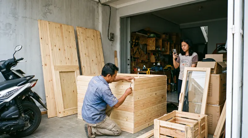 Teknisi merakit panel sauna prefab kayu pinus di garasi townhouse Depok, pemilik rumah mengawasi