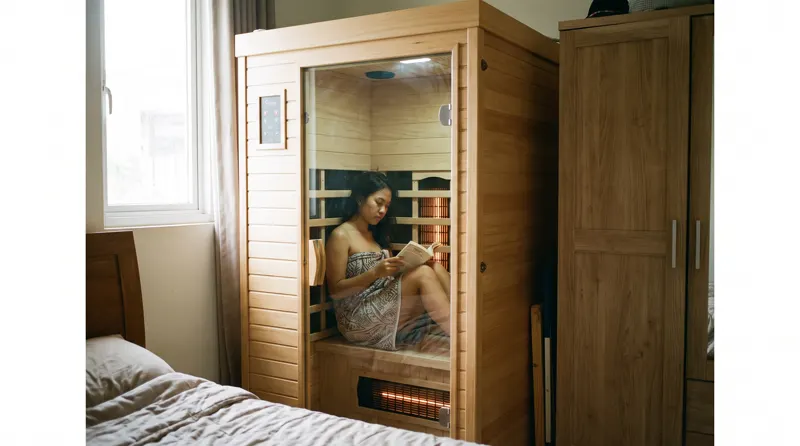 Kabin sauna infrared satu orang di sudut kamar townhouse Depok dengan seorang wanita membaca di dalamnya