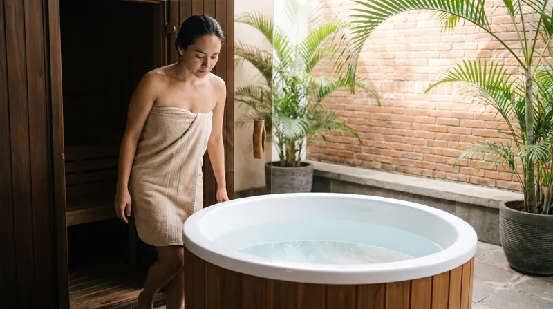Wanita berpindah dari sauna hangat ke cold plunge untuk terapi kontras