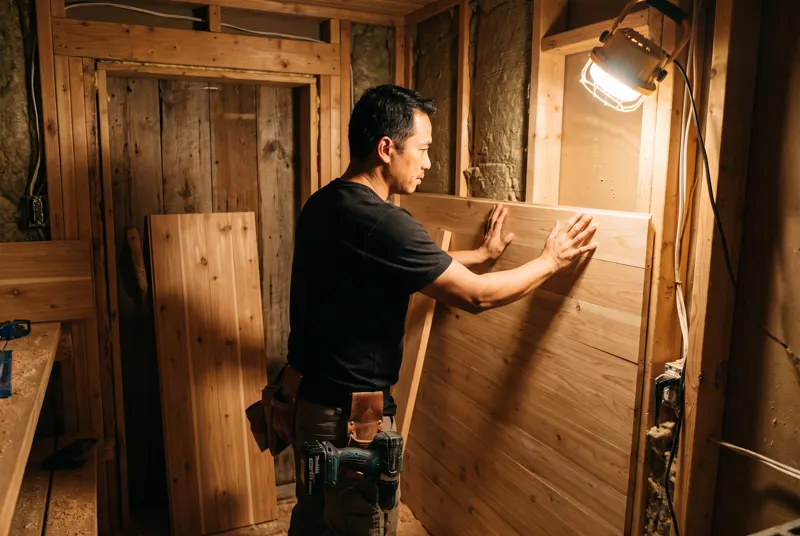 Tukang memasang panel dinding cedar di ruang sauna