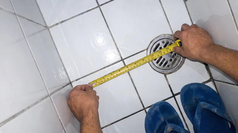 Mengukur sudut kamar mandi dengan meteran untuk posisi sauna
